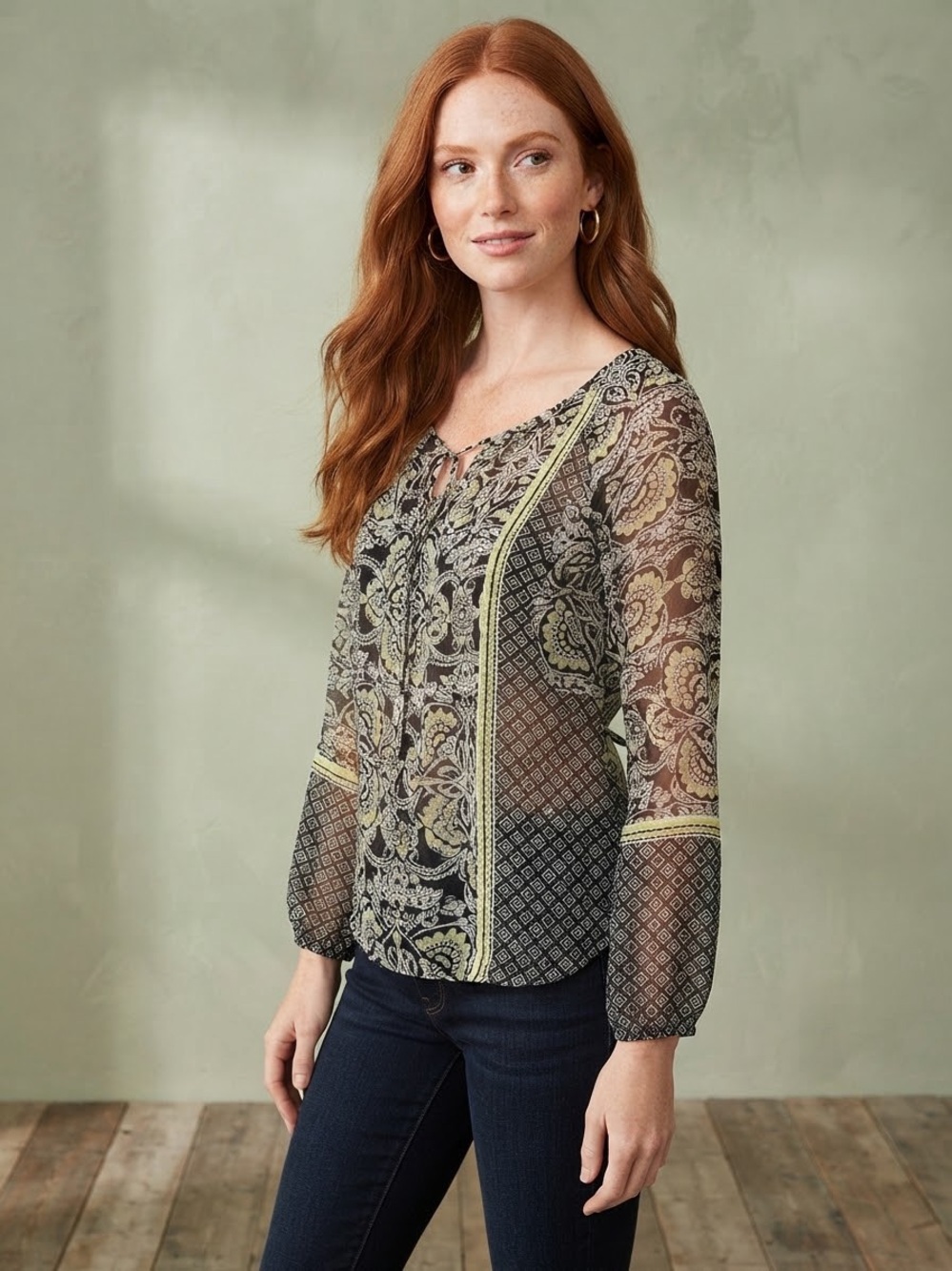 Apt 9 Sheer Floral Paisley Long-Sleeve Blouse in Black and Olive Size XS